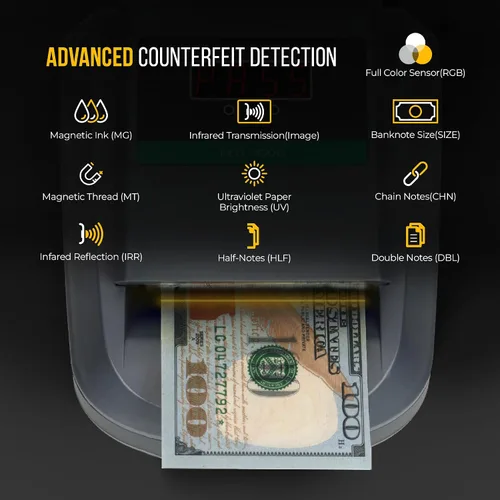 Vista 3 de Kolibri KCD-1000 Lector Portátil de Divisas Falsas y Detector de Billetes Falsos de 4 Vías con UM, Detector de Dinero Falso Magnético