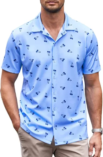 Vista 7 de COOFANDY Camisa casual con botones para hombre, manga corta, sin arrugas, camisa de verano Negro