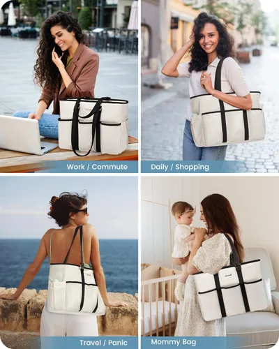 Vista 2 de LOVEVOOK bolso tote vintage para laptop para mujer, Beige-Negro, 15,6 pulg., Moda