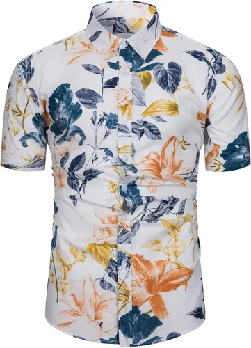 Vista 22 de TUNEVUSE - Camisa de manga corta para hombre con botones, diseño floral, camisa hawaiana de playa de verano de algodón Estampado de plátano.