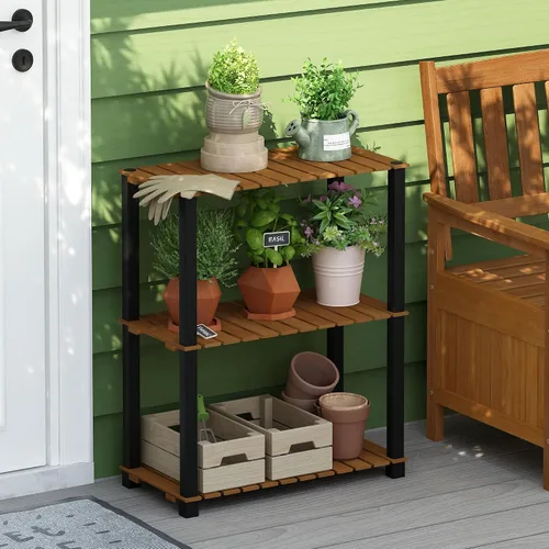Vista 2 de Furinno Pangkor Turn-N-Tube - Estante de madera para plantas de interior y exterior de 3 niveles con postes cuadrados, color natural/negro