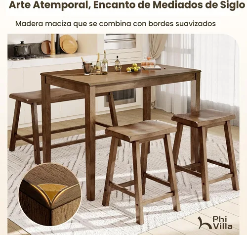 Vista 3 de PHI VILLA Juego de mesa de comedor de granja para 4 espacios pequeños, mesa y sillas de altura de mostrador con banco, juego de mesa de cocina alta