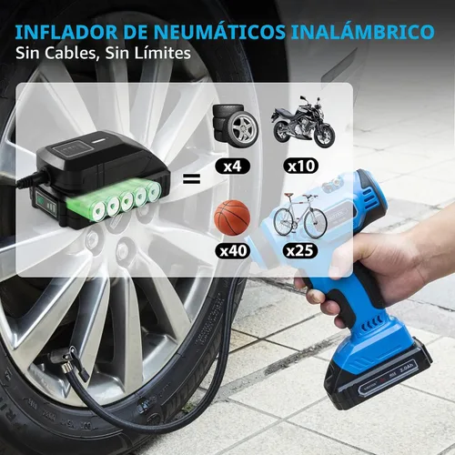 Vista 3 de WISETOOL Compresor de aire inalámbrico para inflador de neumáticos, bomba de neumáticos de coche con batería de 20 V con medidor de presión digital