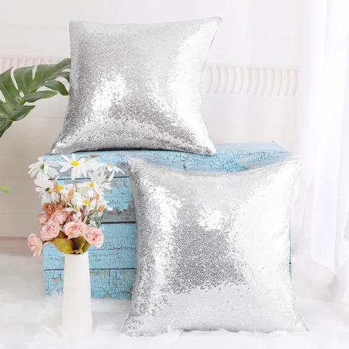 Vista 5 de SquarePie - Juego de 4 fundas de almohada de lentejuelas plateadas, 18 x 18 Plata