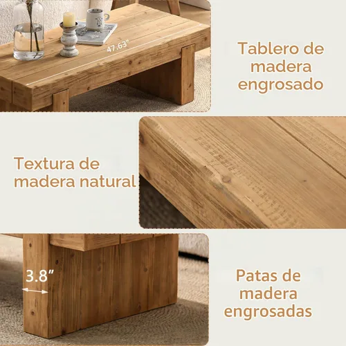 Vista 8 de SSLine Mesa de Centro de Madera Maciza de 47.6 Pulgadas Mesa de Centro Rectangular para Sala de Estar, Mesas de Centro de Cóctel Estilo Granja