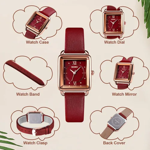 Vista 3 de SKMEI Reloj de mujer, elegante reloj de pulsera rectangular de cuero para damas, reloj analógico de cuarzo impermeable para mujer, Rojo-d