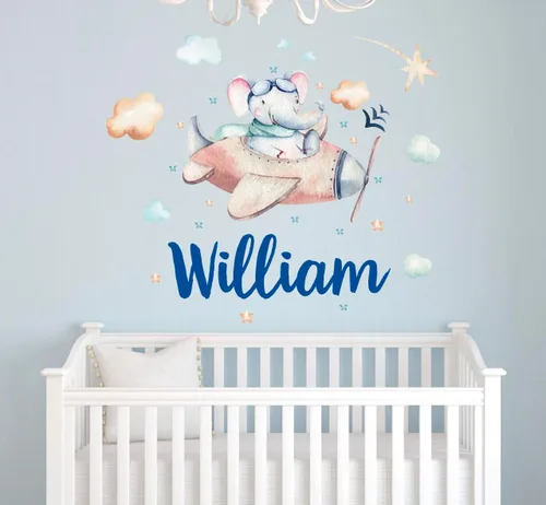 Vista 2 de Calcomanías de pared personalizadas con nombre de avión de elefante, para dormitorio de niños, calcomanías de pared de nubes de selva de aviones