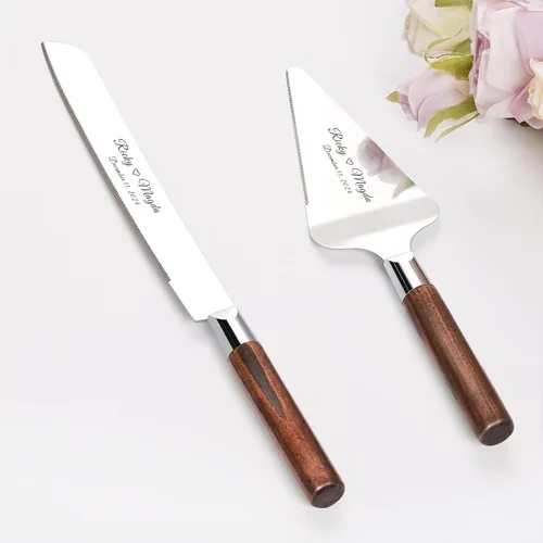 Vista 10 de Juego de corte de pasteles personalizado para bodas, cuchillos de pastel y servidor, grabado gratis, cortador de pastel de postre de madera Plateado