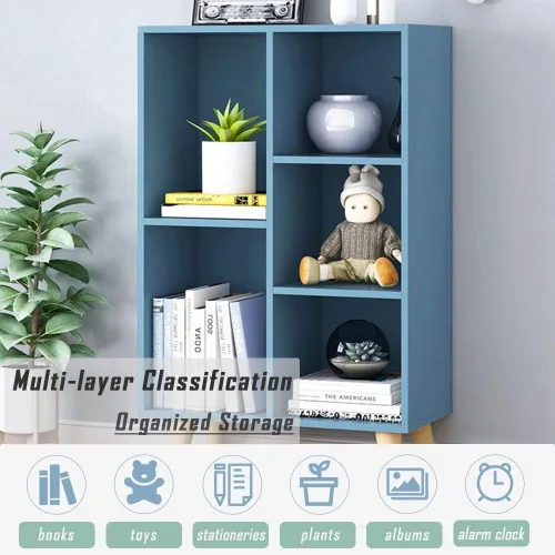 Vista 6 de IOTXY - Estantería de madera con espacios abiertos, 3 niveles, con patas, 5 cubos, color azul brillante Nordic Minimalist Style, MDF