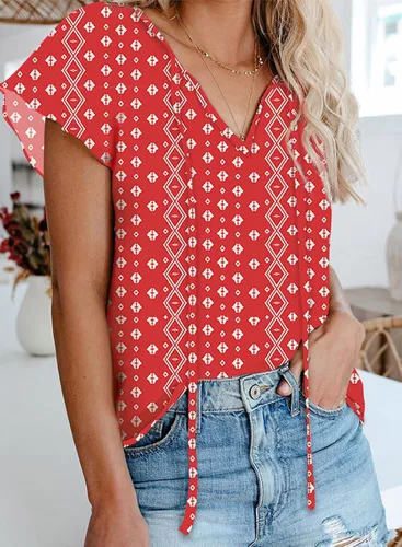 Vista 2 de Dokotoo - Blusa informal, bohemia y con estampado floral para mujer, camiseta con cuello en V y con cordón, blusas de manga corta y manga larga