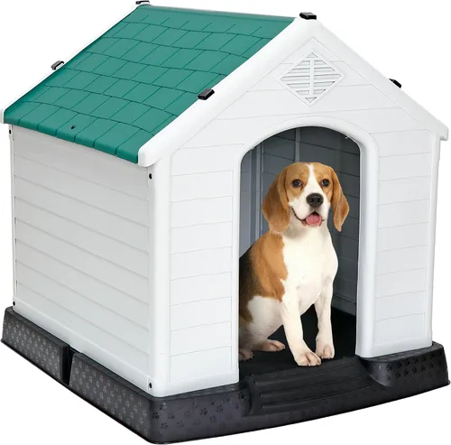 Vista 12 de Casa de plástico resistente al agua para perros pequeños a grandes, refugio para cachorros de interior con rejillas de ventilación y piso elevado