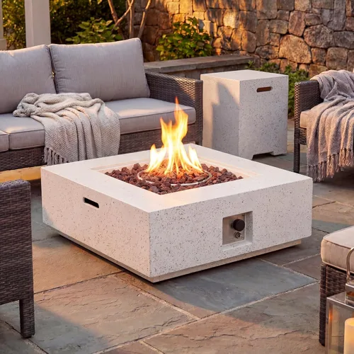 Vista 21 de COSIEST mesa cuadrada de propano para exteriores de arenisca con protector contra el viento, certificada, quemador de acero inoxidable de 50,000
