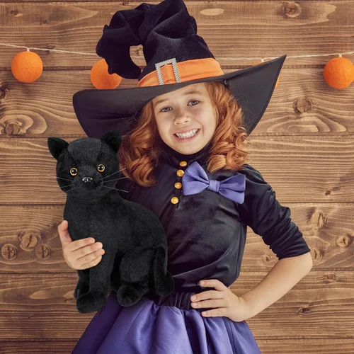 Vista 6 de Libima Peluche de gato negro de Halloween de 13 pulgadas, animal de peluche realista de gato suave y lindo, almohada de juguete, regalos para niños