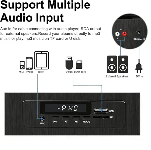 Vista 5 de Reproductor de discos de vinilo con Bluetooth, tocadiscos de 3 velocidades por correa con altavoces integrados, fácil configuración