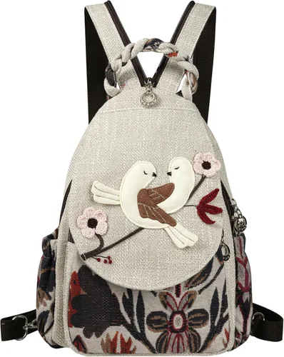 Vista 101 de HUANGGUOSHU Mochila de algodón tejida de algodón bohemio con bordado de lona estilo bohemio con múltiples bolsillos retro linda mochila cartera