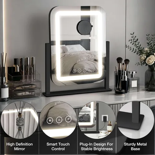 Vista 6 de Espejo de tocador de 12 x 13.9 pulgadas con luces, espejo de maquillaje LED Negro