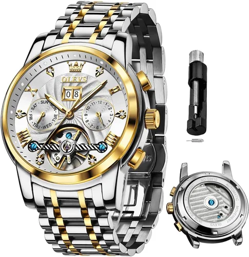 Vista 49 de OLEVS Reloj de pulsera automático con diseño de esqueleto para hombre, de lujo, con diamantes de lujo, de acero inoxidable, calendario, reloj