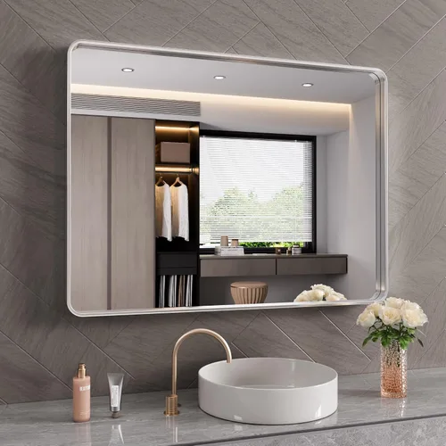 Vista 27 de JISOSO - Espejo de baño negro de 20x30 pulgadas con marco de metal negro, espejo de tocador rectangular redondeado con acabado mate para pared