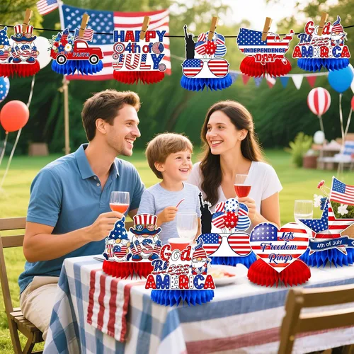 Vista 7 de JULMELON Paquete de 8 piezas de decoraciones de mesa para el 4 de julio, centros de mesa de panal, centros de mesa dobles de 3D para el 4 de julio