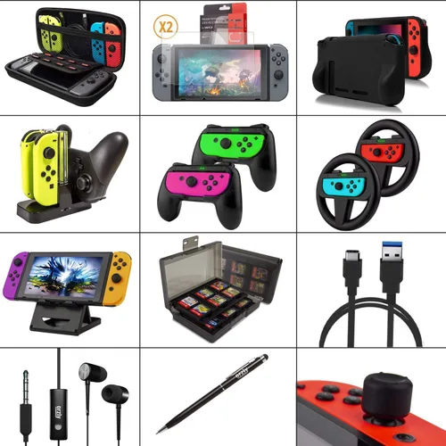 Vista 2 de Orzly Kit de accesorios diseñado para Nintendo Switch Accessories Geeks y OLED Console Users Case and Screen Protector Joycon Grips y ruedas