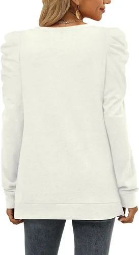 Vista 4 de XIEERDUO Sudadera para mujer, cuello redondo, manga abombada, suéter de invierno, ropa de moda fluida