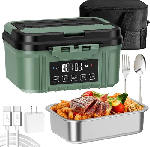 Vista 8 de Fiambrera eléctrica inalámbrica para adultos – Fiambrera calentada a batería con recipiente de acero inoxidable de 1.2 L, función de temporizador
