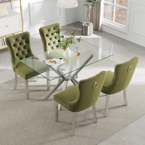 Vista 22 de Juego de comedor moderno de cristal de lujo de 5 piezas, juego de comedor rectangular minimalista para 4, juego de mesa de cocina de vidrio