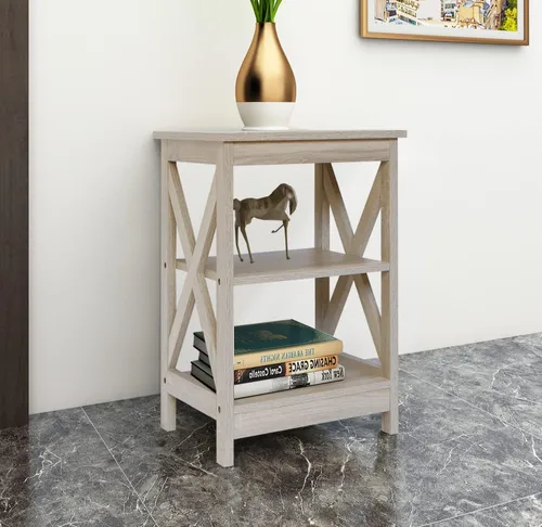 Vista 2 de Rainbow Sophia Mesa auxiliar, moderna mesa auxiliar de madera de granja con almacenamiento de 3 niveles, roble blanco