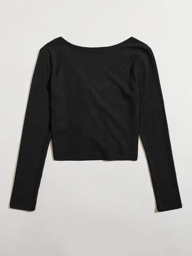 Vista 2 de SweatyRocks Camiseta corta de manga larga con cuello en V y cordón para mujer