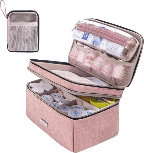 Vista 13 de Lexeeco Bolsa para almacenamiento de medicinas Organizador de frascos de píldoras con bolsa pequeña portátil para viajes Organizador de frascos