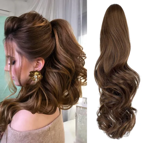 Vista 15 de Extensión de cola de caballo con clip, de 18 pulgadas, 20 pulgadas, rizada, ondulada, recta, cola de caballo larga con clip, para mujer, rubio ceniza