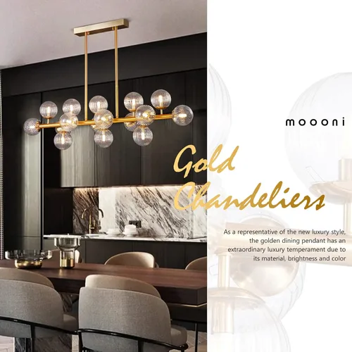 Vista 9 de Candelabro rectangular moderno con 16 luces, lámpara de techo colgante dorada, pantallas de cristal transparente, candelabros dorados para comedor