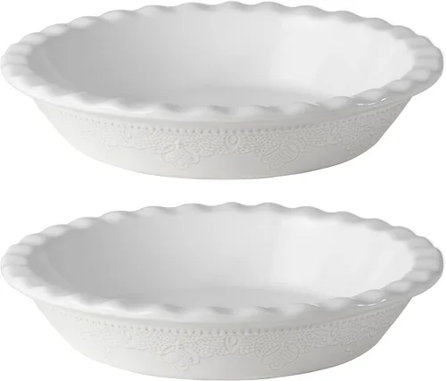 Vista 8 de Fun Elements - Molde para tartas de cerámica de 9 pulgadas, sartén profunda con relieve de encaje, plato con volantes para hornear, juego de 2, azul