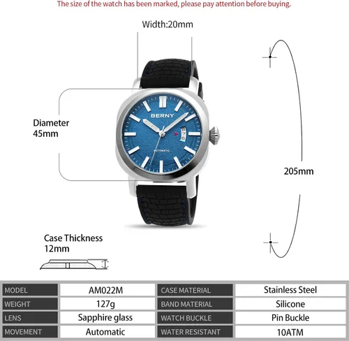 Vista 6 de BERNY Reloj mecánico automático japonés para hombre, relojes de cuerda automática, impermeable 10 ATM, cristal de zafiro, resistente a los arañazos