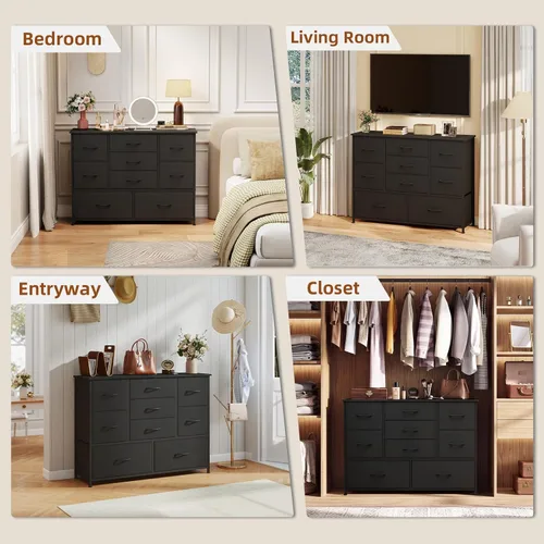 Vista 4 de Somdot Cómoda de 9 cajones para dormitorio, cómoda de tela ancha Negro