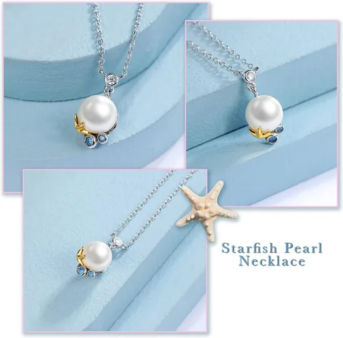 Vista 4 de Collar con colgante de perlas blancas grandes, diseño de estrella de mar