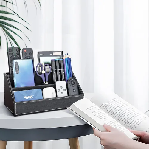 Vista 7 de KINGFOM™ Caja de almacenamiento y organizador de papelería multifunción para escritorio; estructura de madera y piel para la oficina del hogar; Negro