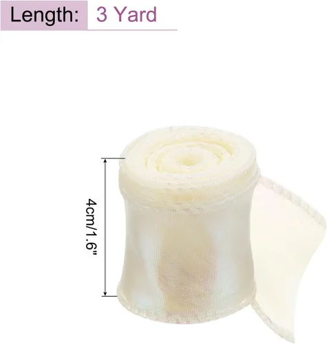 Vista 2 de MECCANIXITY - Cinta de organza con cable de 1 1/2" de ancho, brillante, transparente, con brillo irisado en tonos pastel, cinta de gasa para Beige