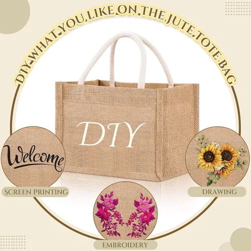 Vista 5 de 12 Piezas Bolsas de Arpillera Mini Bolsas de Yute Reutilizables con Asas Pequeña Lona en Blanco Regalo Impermeable para Boda Playa Bricolaje
