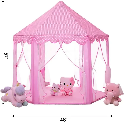 Vista 6 de wilwolfer tienda de campaña tipo castillo de princesa para niñas, tienda de campaña hexagonal grande para jugar, casa de juegos con luces de Rosa