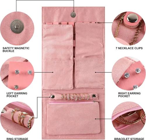 Vista 3 de DONGZHI Estuche organizador de viaje de joyería para mujer, bolsa plegable para anillos, collares, aretes, pulseras, mini, pequeño (gris)