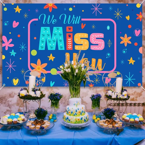 Vista 5 de We Will Miss You - Telón de fondo, decoraciones de fiesta de despedida azul, accesorios de cabina de fotos para despedida, graduación, decoraciones