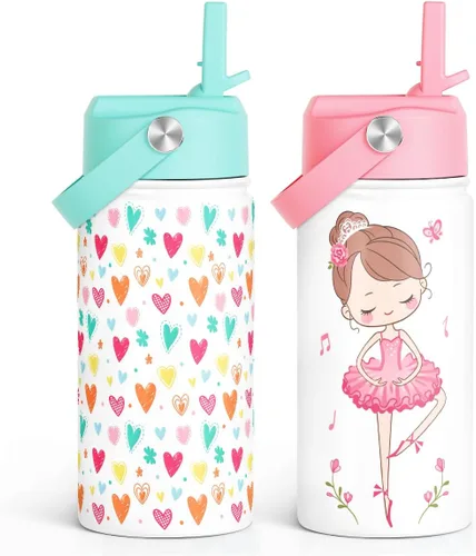 Vista 20 de SANDJEST Botella de agua para niños con tapa con pajilla, botellas de agua de acero inoxidable con aislamiento del alfabeto de 12 onzas para niños