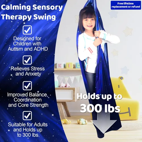 Vista 2 de Columpio sensorial para niños, terapia interior y exterior, hamaca para acurrucarse, con capacidad para hasta 300 libras, con kit de colgador
