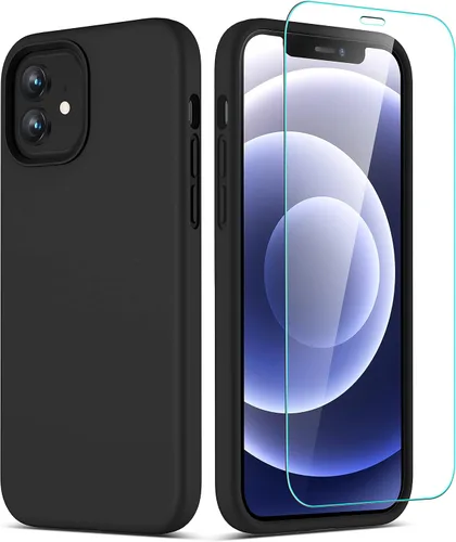 Vista 3 de CellEver Funda de silicona resistente para iPhone 12 y 12 Pro, dos protectores de pantalla de vidrio inastillables, protección militar contra Negro