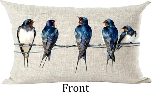 Vista 2 de Ramirar Funda decorativa de almohada lumbar decorativa con diseño de acuarela, diseño de pájaros azules, para el hogar, sala de estar, cama, sofá