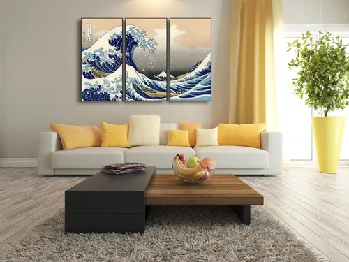 Vista 2 de Wieco Art Arte enmarcado de aluminio negro grande, 3 paneles, gran ola de Kanagawa, Katsushika Hokusai, impresiones en lienzo de arte de pared