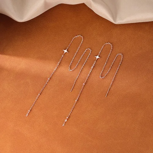 Vista 6 de SLUYNZ 925 Sterling Silver Star Long Dangle Earrings Chain for Women Teens Line Dangle Earrings Tassel Threader Chain