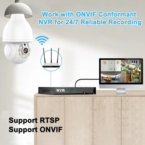 Vista 5 de EVERSECU Cámara de seguridad con bombilla HD de 2K, WiFi inalámbrica de 2.4G y 5Ghz, interior y exterior, compatible con Onvif, transmisión RTSP