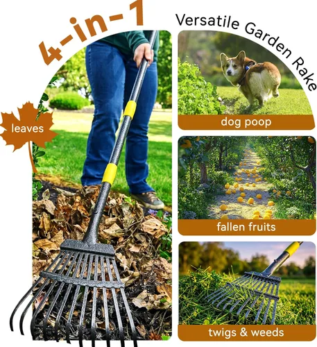 Vista 7 de Rastrillo de hojas de jardín para césped resistente, rastrillo de metal para patio con cabezal pequeño y estrecho de 9 pulgadas, mango largo